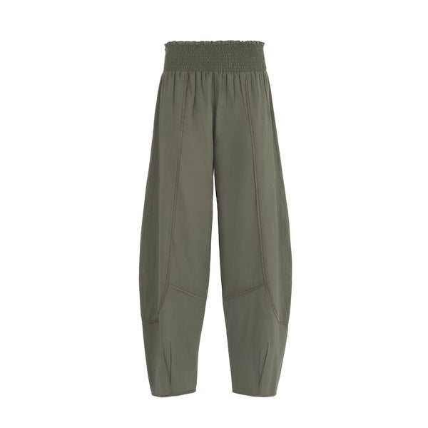 Elegant Summer Trousers In Pure Cotton In Dark Green Solid Color With Red Polka Dots