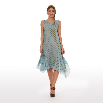 Long Dress With Green Polka Dot Print On Light Blue Base