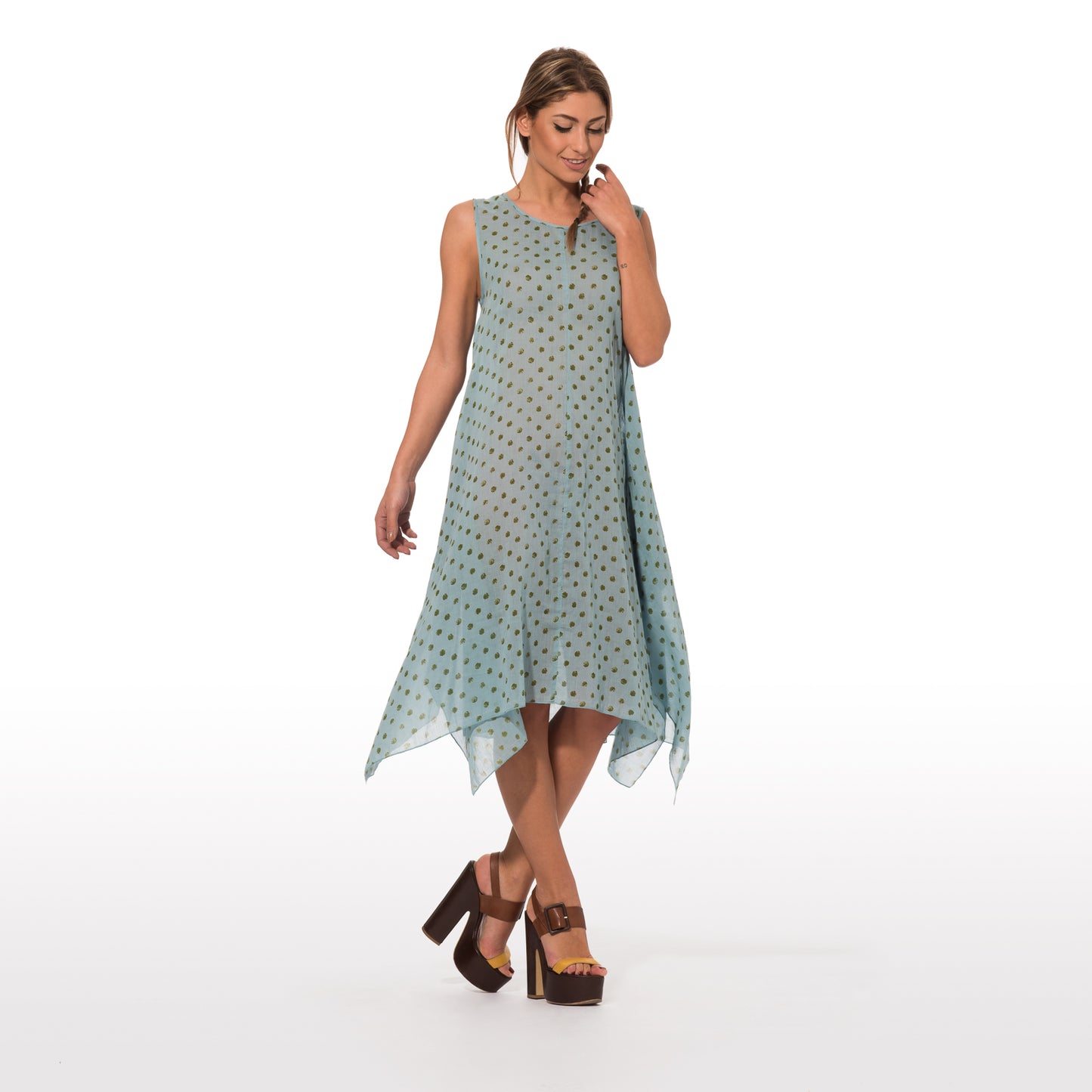 Long Dress With Green Polka Dot Print On Light Blue Base