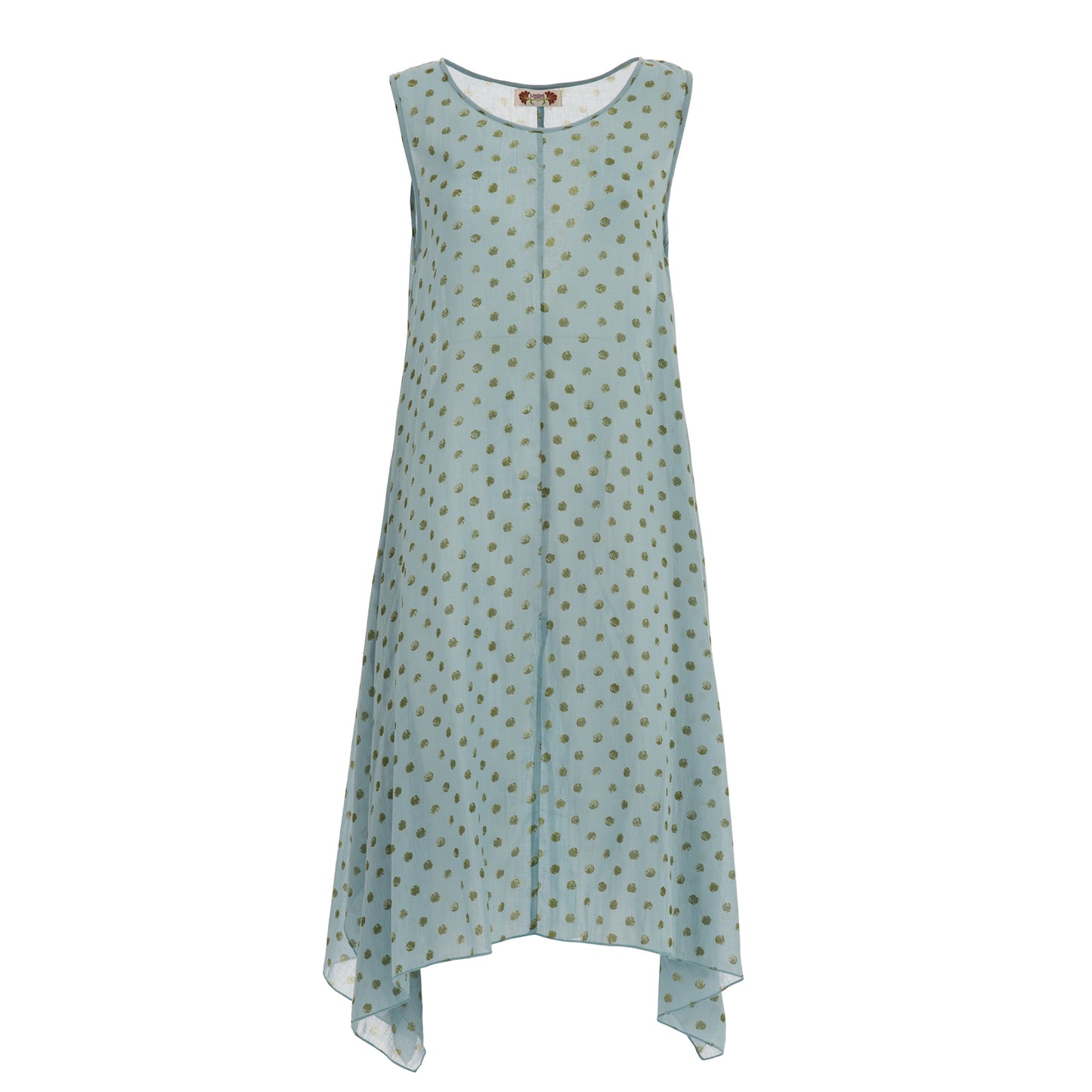 Long Dress With Green Polka Dot Print On Light Blue Base