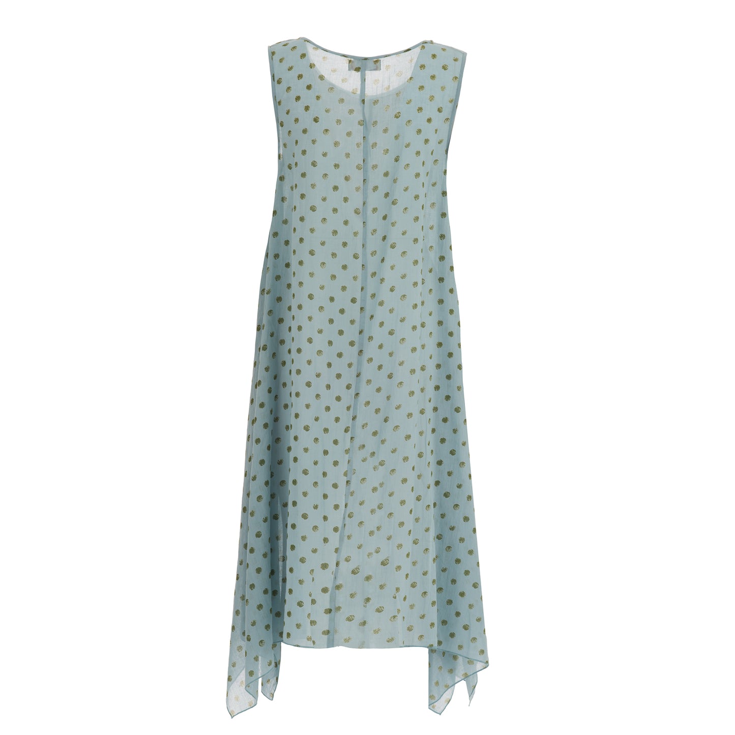 Long Dress With Green Polka Dot Print On Light Blue Base