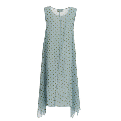 Long Dress With Green Polka Dot Print On Light Blue Base