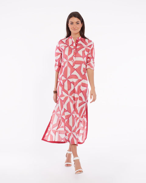 Women's long cotton summer dress with handmade geometric print - JODHPUR