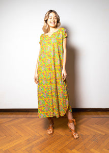 Long cotton dress with yellow floral print - VARSHA019
