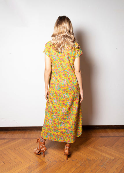 Long cotton dress with yellow floral print - VARSHA019